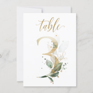 Watercolor Green & Gold Foliage, Table Number 3