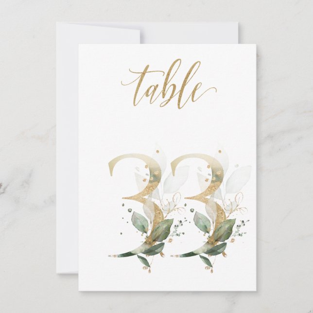 Watercolor Green & Gold Foliage, Table Number 33 (Front)