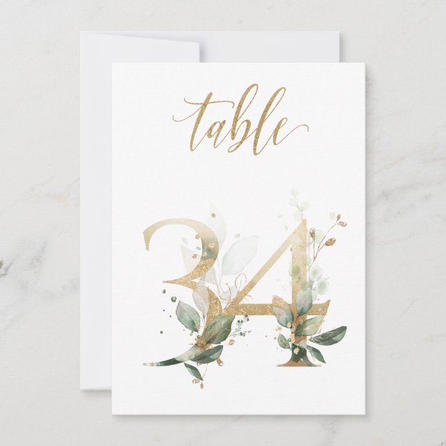 Watercolor Green & Gold Foliage, Table Number 34 (Front)