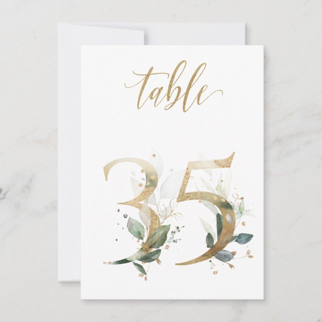 Watercolor Green & Gold Foliage, Table Number 35 (Front)
