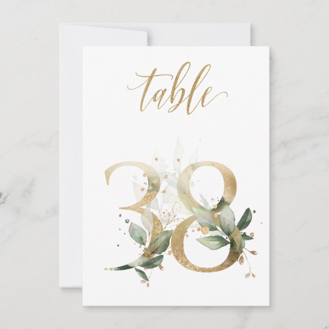 Watercolor Green & Gold Foliage, Table Number 38 (Front)
