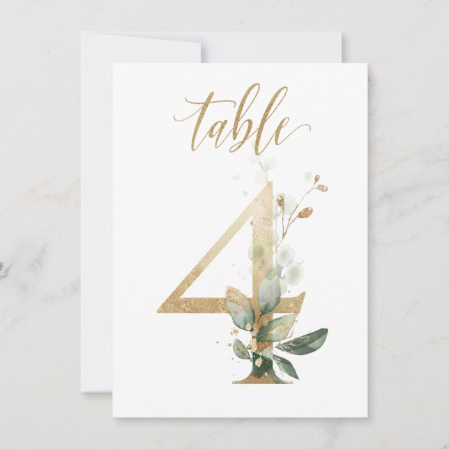 Watercolor Green & Gold Foliage, Table Number 4 (Front)