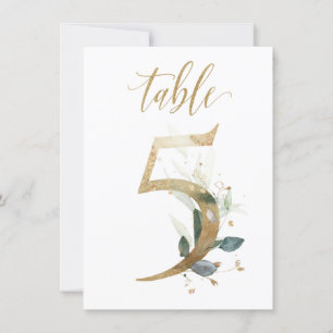 Watercolor Green & Gold Foliage, Table Number 5