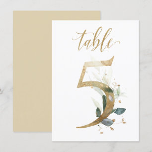 Watercolor Green & Gold Foliage, Table Number 5