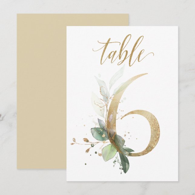 Watercolor Green & Gold Foliage, Table Number 6 (Front/Back)
