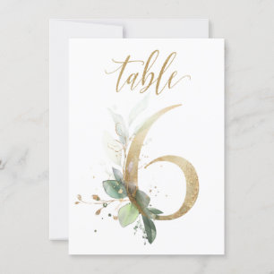 Watercolor Green & Gold Foliage, Table Number 6