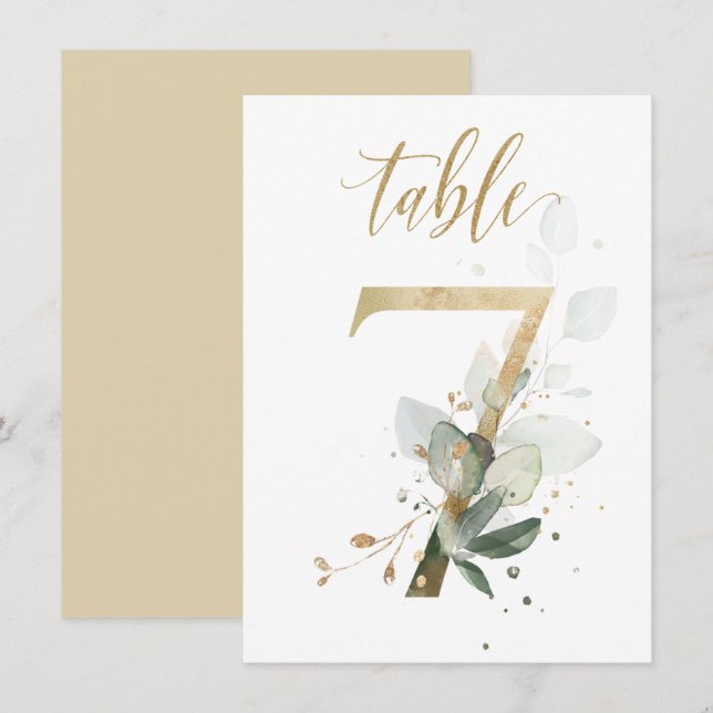 Watercolor Green & Gold Foliage, Table Number 7 (Front/Back)