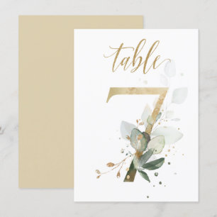 Watercolor Green & Gold Foliage, Table Number 7