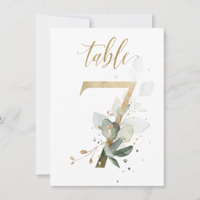 Watercolor Green & Gold Foliage, Table Number 7 (Front)