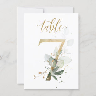 Watercolor Green & Gold Foliage, Table Number 7