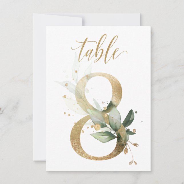 Watercolor Green & Gold Foliage, Table Number 8 (Front)