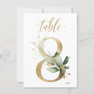 Watercolor Green & Gold Foliage, Table Number 8