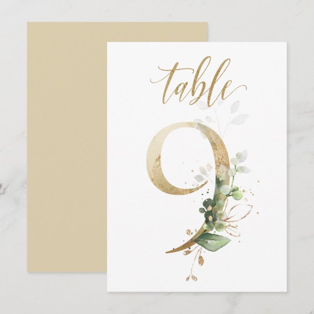 Watercolor Green & Gold Foliage, Table Number 9 (Front/Back)
