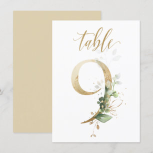 Watercolor Green & Gold Foliage, Table Number 9