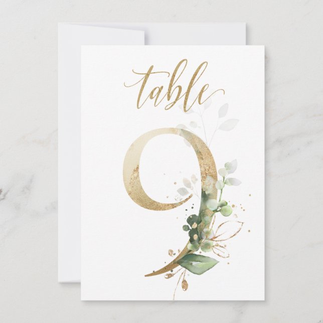 Watercolor Green & Gold Foliage, Table Number 9 (Back)