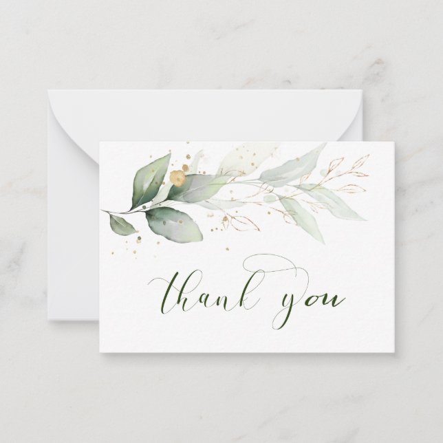 Watercolor green & gold foliage Thank You Card (Front)