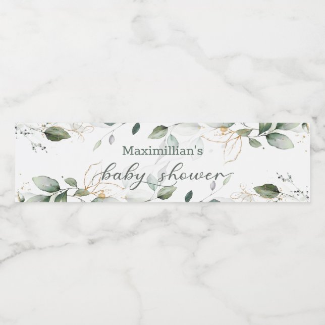 Watercolor green & gold leaves Baby Shower Water Bottle Label (Single Label)
