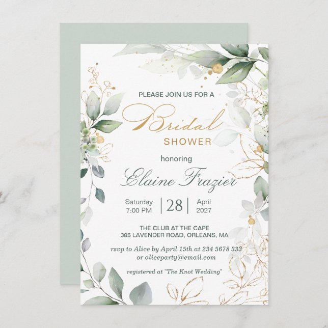 Watercolor green & gold leaves Bridal Shower Invitation (Front/Back)