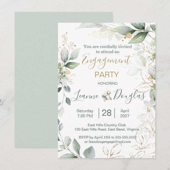 Watercolor green & gold leaves Engagement Party Invitation (Front/Back)