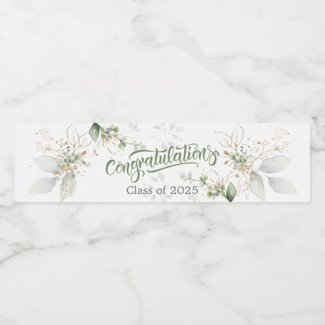 Watercolor green & gold leaves Graduation Water Bottle Label (Single Label)