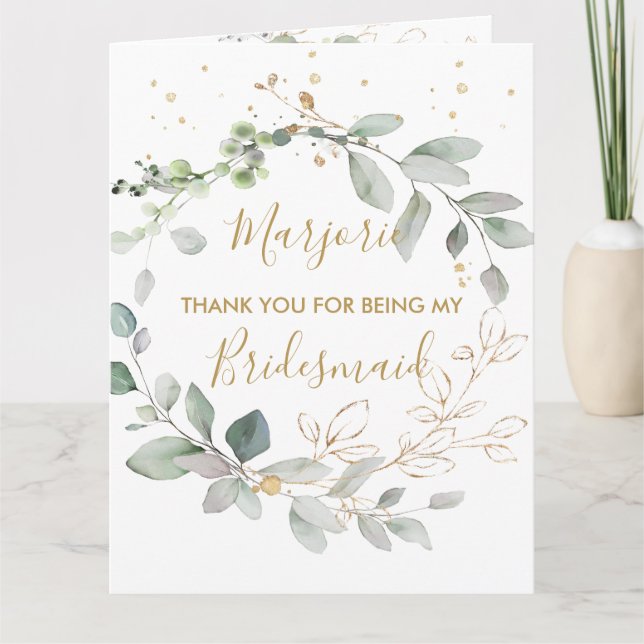 Watercolor green & gold leaves Thank you (Front)