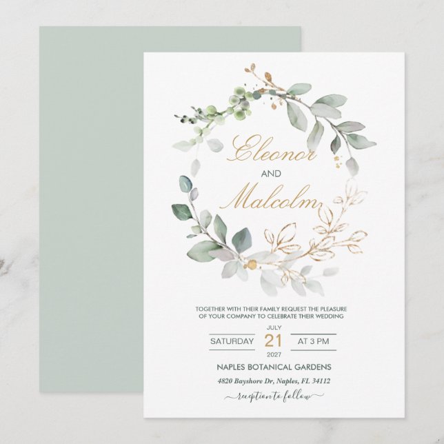 Watercolor green & gold leaves Wedding Invitation (Front/Back)