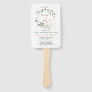 Watercolor green & gold leaves Wedding Program Hand Fan
