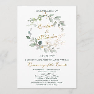Watercolor green & gold leaves Wedding Program Programme