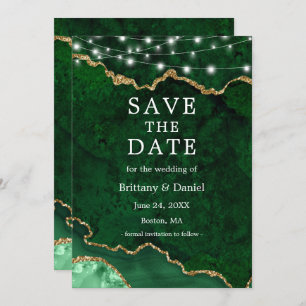 Watercolor Green Gold Marble Agate Geode Lights Save The Date