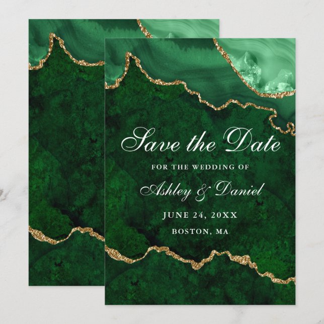 Watercolor Green Gold Marble Agate Geode Save The Date (Front/Back)