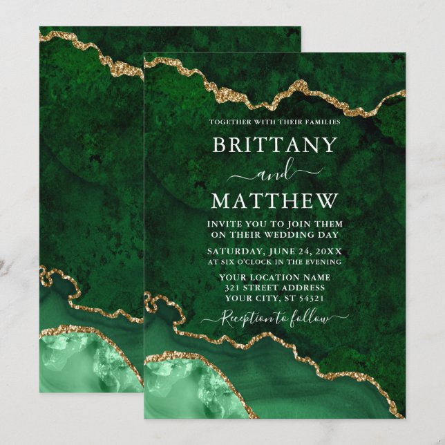 Watercolor Green Gold Marble Geode Agate Wedding Invitation (Front/Back)