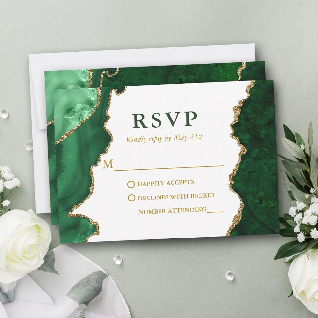 Watercolor Green Gold Marble Geode Agate Wedding RSVP Card (Customize to change text color, size or text style.)