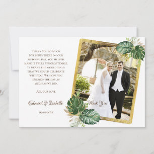 Watercolor Green & Gold Monstera Leaves Wedding Thank You Card