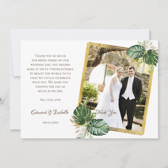 Watercolor Green & Gold Monstera Leaves Wedding Thank You Card (Front)