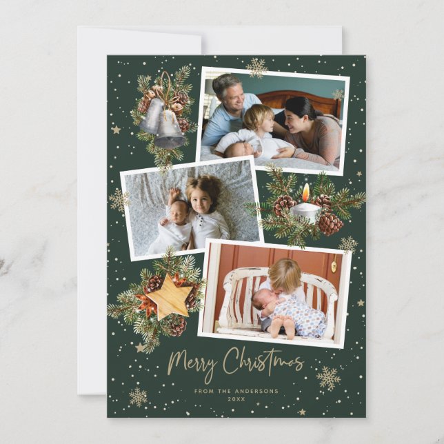 Watercolor Green Gold Photo Merry Christmas Cards (Front)