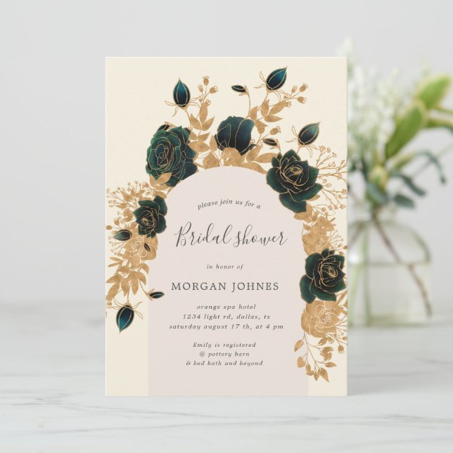 Watercolor Green Gold Roses Bridal Shower Invite (Standing Front)