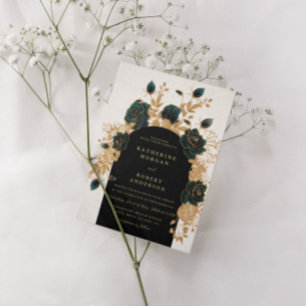 watercolor green gold roses Wedding  Invitation