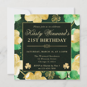 Watercolor Green & Gold Shamrock 21st Birthday Invitation