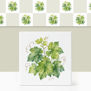 Watercolor Green Grape Leaves Ivy Foliage Pattern Tile