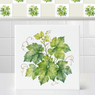 Watercolor Green Grape Leaves Ivy Foliage Pattern Tile