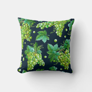 Watercolor green grape, leaves on dark background. cushion