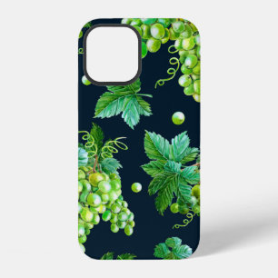 Watercolor green grape, leaves on dark background. iPhone 12 case