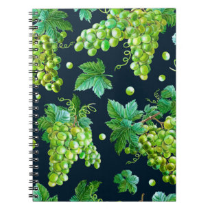 Watercolor green grape, leaves on dark background. notebook
