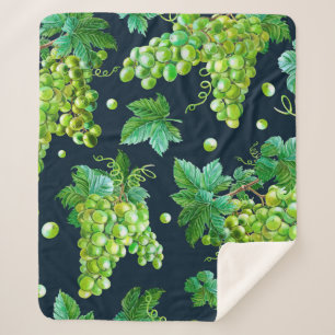 Watercolor green grape, leaves on dark background. sherpa blanket
