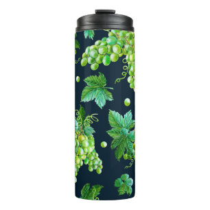 Watercolor green grape, leaves on dark background. thermal tumbler
