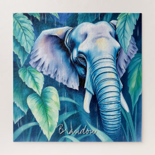 Watercolor Green & Grey Elephant in Jungle Jigsaw Puzzle