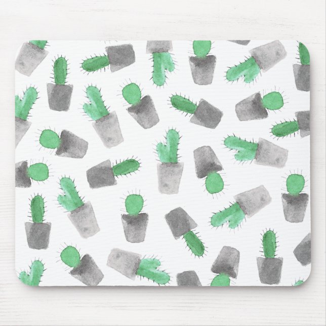 Watercolor green grey modern cactus pattern mouse mat (Front)