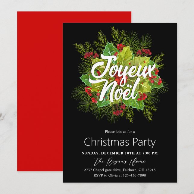 Watercolor Green Holly Christmas Holiday Party Invitation (Front/Back)