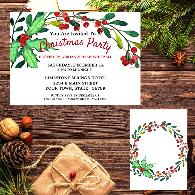 Watercolor Green Holly Red Berries Christmas Party Invitation (Creator Uploaded)
