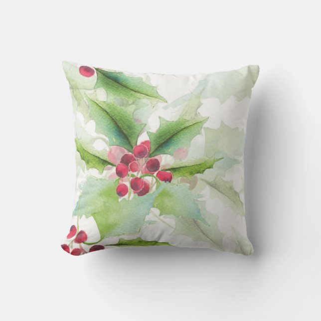 Watercolor Green Holly Red Berry Christmas Cushion (Front)